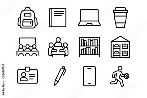 Student Life Icons. Student life. Line icon set of student life: backpack, notebook, laptop, coffee cup, lecture hall, group study, library, dormitory, sports,