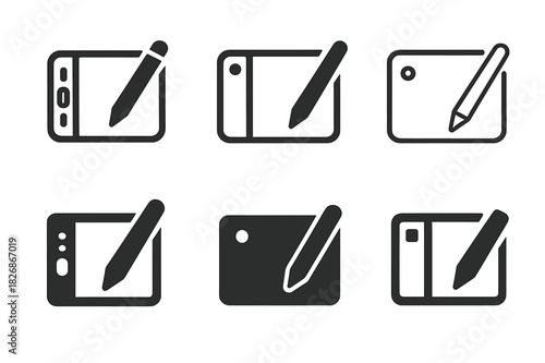 Drawing Tool Logos. Drawing tools. Icon set. Set Logo of drawing tools: digital stylus tablet. harmonious logo variations of the same emblematic concept, each