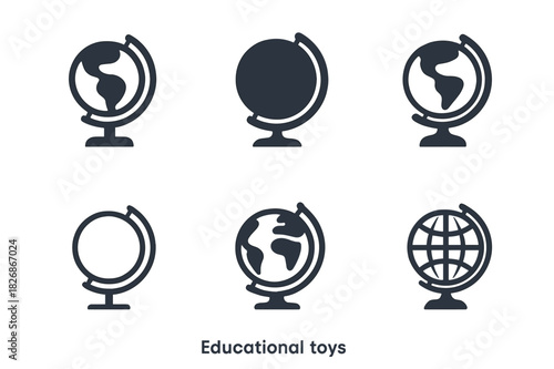 Educational Toy Icons. Educational toys. Icon set. Set Logo of Educational toys: globe on stand for geography. harmonious logo variations of the same