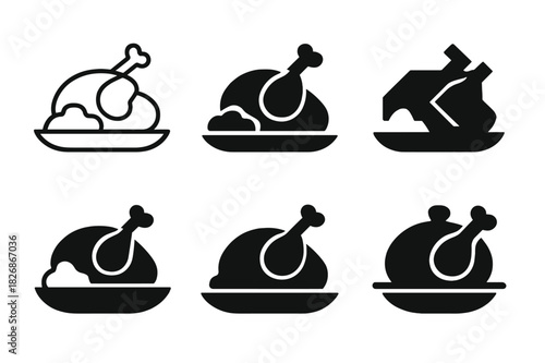 Roasted Chicken Logos. Preparing a roasted chicken with a side of mashed potatoes. Icon set. Set Logo of roasted chicken meal: whole roasted chicken on plate.