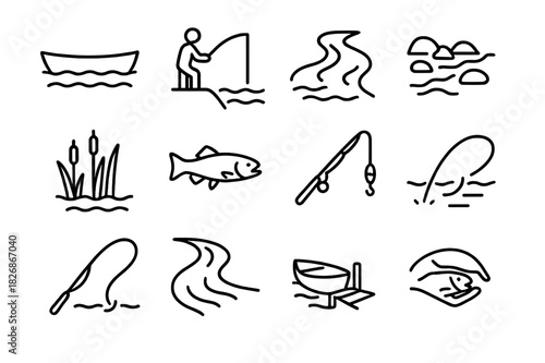 River Fishing Icons. River fishing. Line icon set of river fishing: narrow boat, fishing from shore, flowing river, rocks in water, reeds, trout icon, rod with