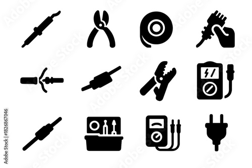 Cable Repair Icons. Cable repair. Solid icon set of Cable repair: soldering iron, wire cutter, electrical tape, connector replacement, cable splice, insulation