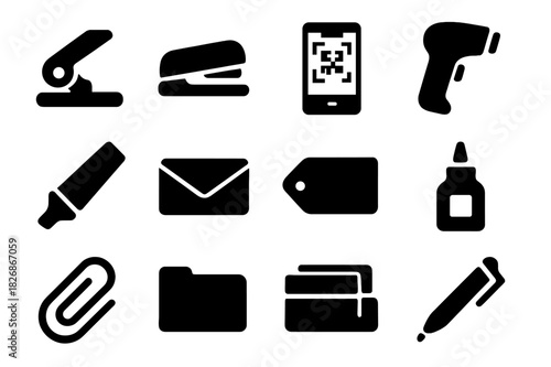 Ticket Tools Icons. Ticket tools. Solid icon set of Ticket tools: ticket punch, stapler, QR scanner, barcode reader, marker, envelope, label, adhesive, clip,