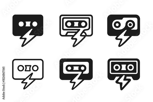 Themed Party Icons. Themed parties and events. Icon set. Set Logo of Themed parties and events: retro cassette with lightning bolt. harmonious logo variations