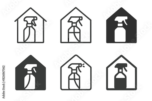 Eco Home Icons. Sustainable home products. Icon set. Set Logo of eco home item: refillable glass cleaner bottle. harmonious logo variations of the same