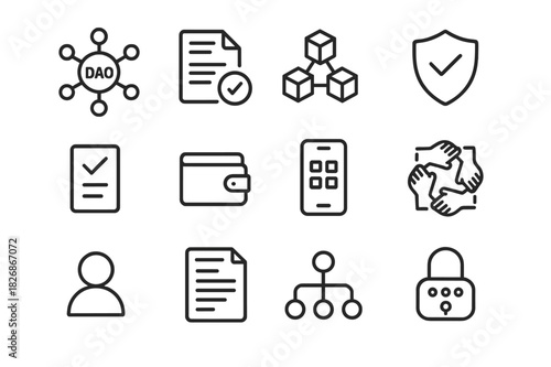 DAO Icon Set. Decentralized organizations (DAO). Line icon set of Decentralized organizations (DAO): DAO network, smart contract, blockchain nodes, governance
