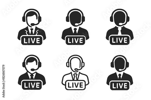 Broadcast Journalism Icons. Broadcast journalism. Icon set. Set Logo of Broadcast journalism: anchor headset with live badge. harmonious logo variations of the
