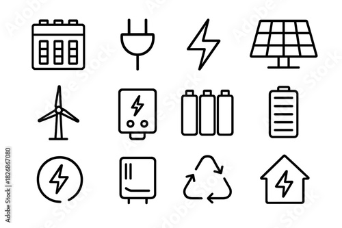 Energy Storage Icons. Energy storage. Line icon set of energy storage: battery pack, electric plug, lightning bolt, solar panel, wind turbine, control unit,