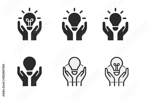 Creative Innovation Icons. Employee-driven innovation. Icon set. Set Logo of workplace creativity: hands raising a light bulb. harmonious logo variations of