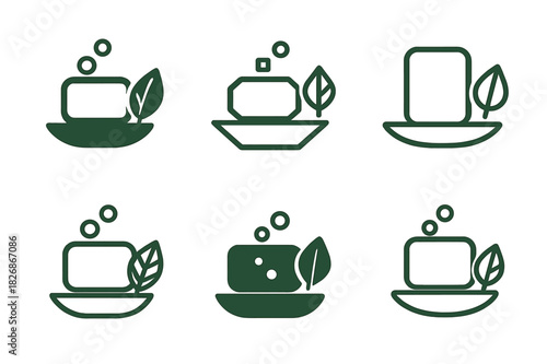 Eco Home Icons. Sustainable home products. Icon set. Set Logo of eco home item: bar soap and dish. harmonious logo variations of the same emblematic concept,