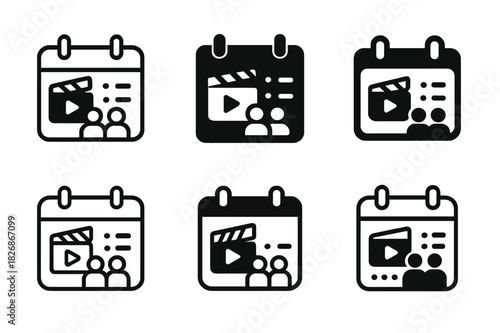 Family Movie Marathon Icons. Organizing a family movie marathon. Icon set. Set Logo of Organizing a family movie marathon: wall calendar with showtimes.