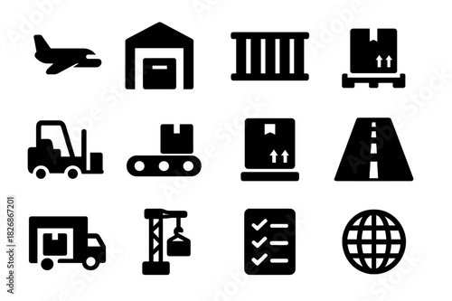 Air Freight Icons. Air Freight Terminals. Solid icon set of Air Freight Terminals: cargo plane, warehouse, shipping container, pallet, forklift, conveyor belt,