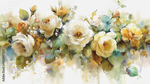 watercolor botanical rose flowers texture template background.Elegant wedding invitation card background . Minimal hand painted Design for wedding or Valentine's Day