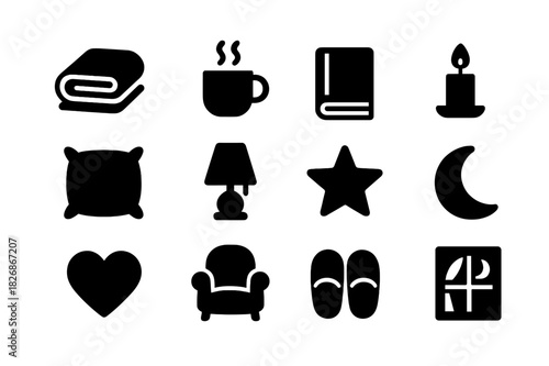 Cozy Night Icons. Cozy night. Solid icon set of cozy night: blanket, cup, book, candle, pillow, lamp, star, moon, heart, chair, slippers, window. Filled icons