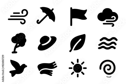 Windy Day Icons. Windy day. Solid icon set of windy day: gust lines, umbrella, flag, cloud, tree, hat, leaf, wave, bird, scarf, sun, swirl. Filled icons set in