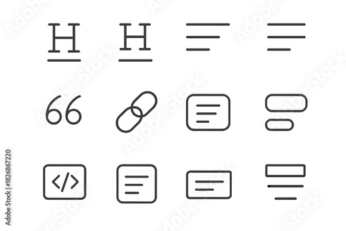 Typography Icon Grid. Fonts and letters. Line icon set of fonts and letters: serif font, sans-serif font, script font, decorative font, monospaced font, bold