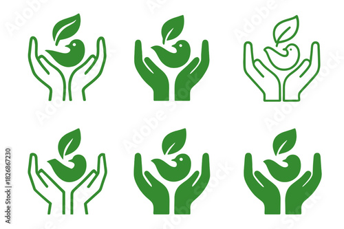 Conservation Icon Set. Nature conservation and wildlife protection. Icon set. Set Logo of conservation: hands holding a leaf and bird. harmonious