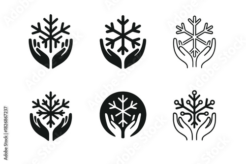 Charity Snowflake Logos. Winter Holiday Themed Charity Event. Icon set. Set Logo of community celebration: snowflake merged with helping hands. harmonious logo