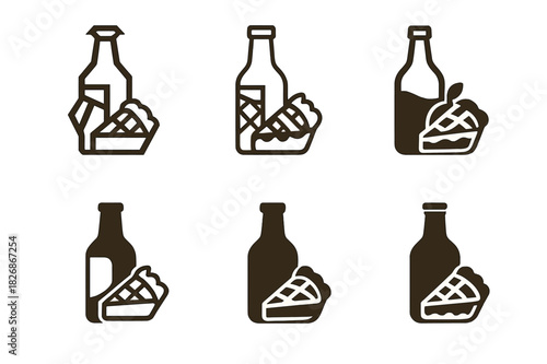 Cider & Pie Icons. Drink pairings. Icon set. Set Logo of Drink pairings: cider bottle with apple pie slice. harmonious logo variations of the same emblematic