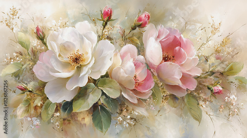 watercolor botanical rose flowers texture template background.Elegant wedding invitation card background . Minimal hand painted Design for wedding or Valentine's Day