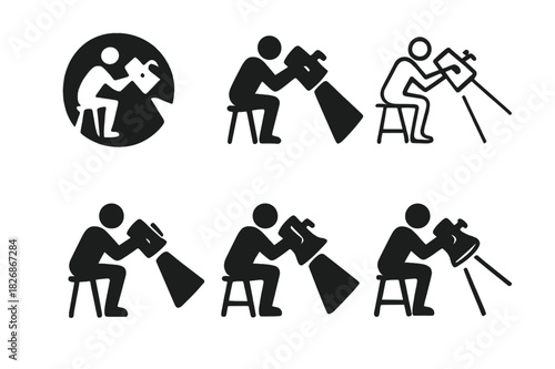 Theater Spotlight Logos. Spotlight in Theater. Icon set. Set Logo of Spotlight in Theater: Spotlight Operator. harmonious logo variations of the same