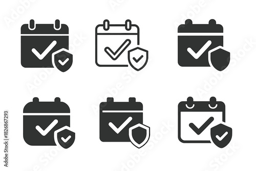 Antivirus Icons Collection. Installing antivirus software. Icon set. Set Logo of Installing antivirus software: scheduled scan calendar with tick. harmonious
