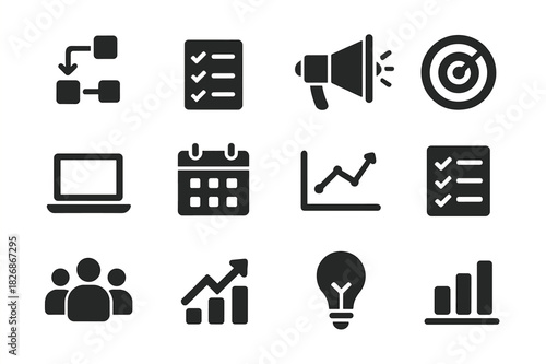 Marketing Icon Set. Marketing workflow. Solid icon set of Marketing workflow: arrows, task list, campaign icon, target, laptop, calendar, analytics chart,