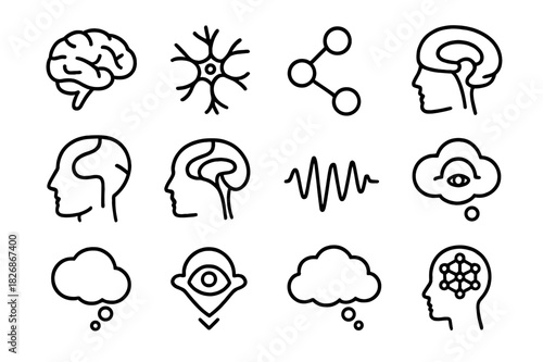 Unconscious Mind Icons. Neuropsychology of the Unconscious Mind. Line icon set of Neuropsychology of the Unconscious Mind: brain, neurons, synapse, amygdala,