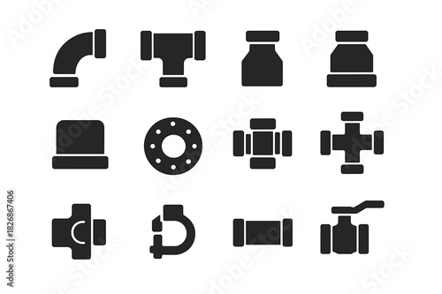 Pipe Fittings Icons. Pipe Assembly. Solid icon set of elbow, T-joint, coupler, reducer, cap, flange, union, cross fitting, adapter, clamp, nipple, ball valve.