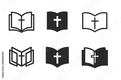 Theology Evolution Logos. The evolution of Christian theology. Icon set. Set Logo of the evolution of Christian theology: open Bible. harmonious logo