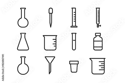 Volumetric Glassware Icons. Volumetric glassware. Line icon set of volumetric glassware: volumetric flask, pipette, graduated cylinder, burette, Erlenmeyer