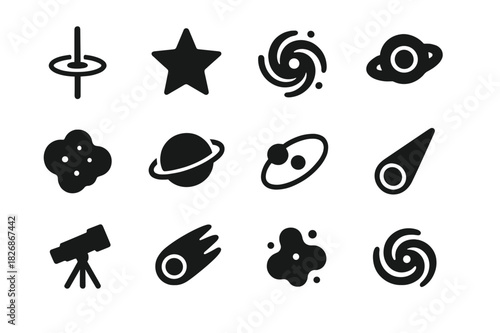 Astrophysics Icons Set. Astrophysics Icons. Solid icon set of quasar, star, galaxy, black hole, nebula, planet, orbit, light beam, telescope, comet, cosmic