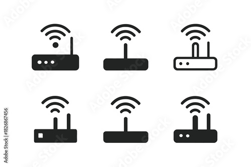 Remote Work Icons. Remote work setups and home office environments. Icon set. Set Logo of Remote work setups and home office environments: Wi-Fi router.