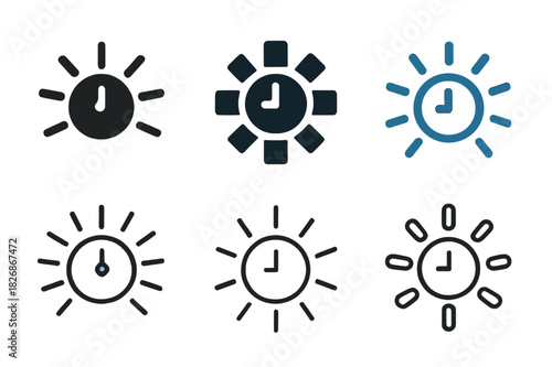 Intentions Logo Variations. Setting intentions for the next day. Icon set. Set Logo of setting intentions for the next day: clock with light rays. harmonious