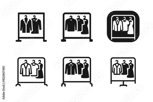 Fashion Logo Variations. Professional fashion photoshoots and portfolios. Icon set. Set Logo of Professional fashion photoshoots and portfolios: clothing rack