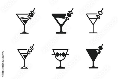 Drink Pairing Icons. Drink pairings. Icon set. Set Logo of Drink pairings: cocktail glass with tapas skewer. harmonious logo variations of the same emblematic