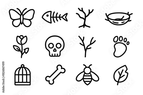 Biodiversity Loss Icons. Biodiversity loss. Line icon set of biodiversity loss: butterfly, fish bones, dead tree, empty nest, broken flower, skull, dry branch,