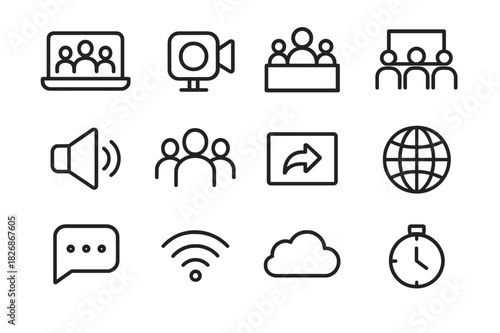 Hybrid Meeting Icons. Hybrid meetings. Line icon set of hybrid meetings: laptop, camera, microphone, conference room, speaker, participants, screen share,