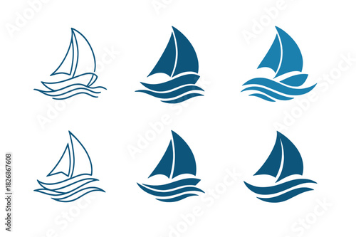 Ocean Logo Variations. Oceans and seas. Icon set. Set Logo of oceans and seas: sailboat gliding over stylized waves. harmonious logo variations of the same