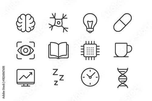 Cognitive Enhancement Icons. Cognitive enhancement. Line icon set of cognitive enhancement: brain, neuron, lightbulb, pill, focus eye, book, computer chip,