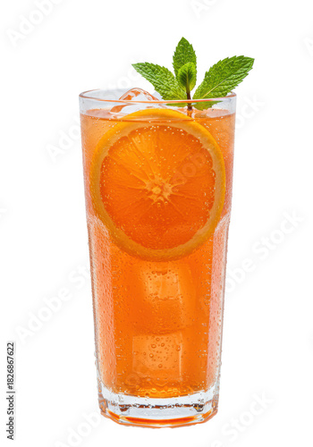 tall highball glass filled with effervescent, cold orangeade, garnished with mint and orange slices, featuring heavy condensation and clear ice, isolated on transparent background. concept for