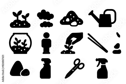 Miniature Garden Icons. Miniature garden. Solid icon set of Miniature garden: small plants, moss, soil, pebbles, figurines, glass container, watering can, hand