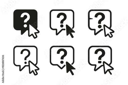 Quiz Icon Variations. Interactive quiz template. Icon set. Set Logo of quiz design: cursor clicking on question box. harmonious logo variations of the same
