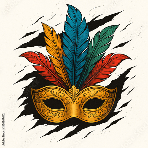 Carnival mask with feathers torn vector distressed openings vivid colors on white background