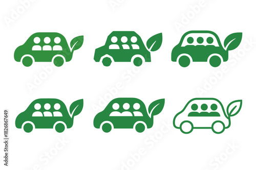 Eco-Friendly Transport Icons. Eco-friendly transportation. Icon set. Set Logo of Eco-friendly transportation: carpool ride-share with three passengers.