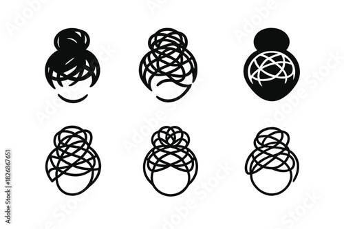 Tangled Hair Icons. Tangled hair. Icon set. Set Logo of tangled hair: Messy hair bun silhouette. harmonious logo variations of the same emblematic concept,