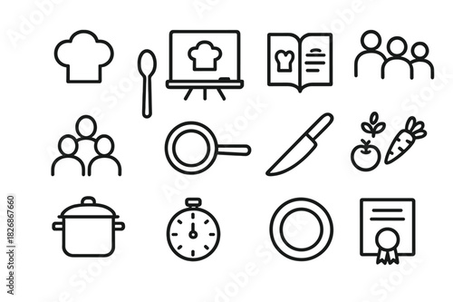 Cooking Class Icons. Cooking classes. Line icon set of cooking classes: chef hat, whiteboard, recipe book, students, spoon, frying pan, knife, ingredients,