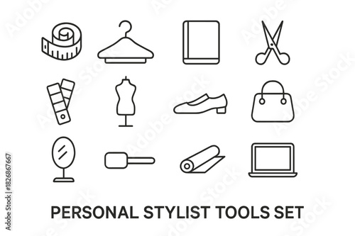 Personal Stylist Tools. Personal stylist tools. Line icon set of personal stylist tools: tape measure, hanger, notebook, scissors, color swatch, mannequin,