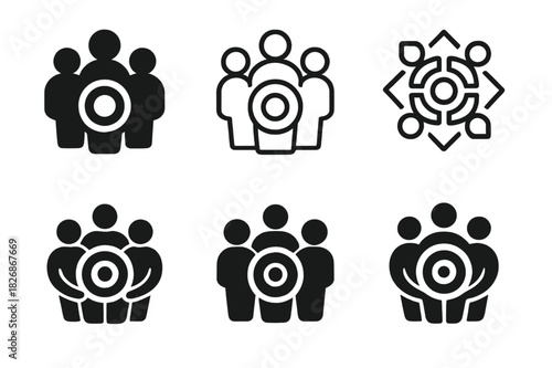 Collectivist Logo Set. Collectivist. Icon set. Set Logo of collectivist: people standing around a shared goal symbol. harmonious logo variations of the same