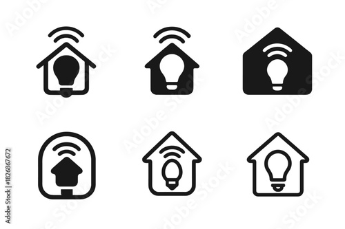 Smart Bulb Icons. Setting up smart bulbs. Icon set. Set Logo of smart lighting: home automation hub. harmonious logo variations of the same emblematic concept,